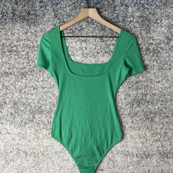 Sézane Bodysuit Womens Small Green Ribbed Short Sleeve Square Neck Stretchy Top - Picture 4 of 6